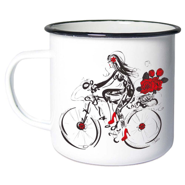 Radfahrerin mit Blumen - Emaille Tasse