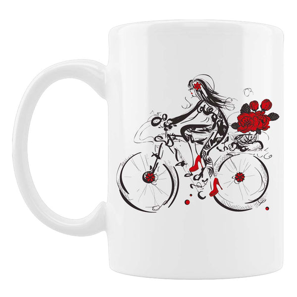 Radfahrerin mit Blumen - Porzellan Tasse